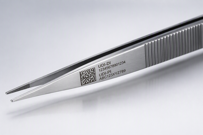 Pinzette mit laserbeschriftetem UDI-Code 